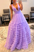 Reese |A-line Orange V-Neck Tulle Long Prom Dress by KissProm