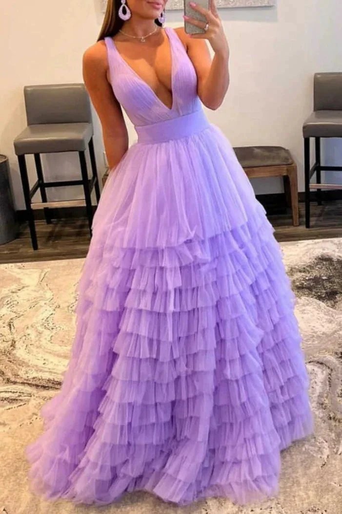 Reese |A-line Orange V-Neck Tulle Long Prom Dress by KissProm