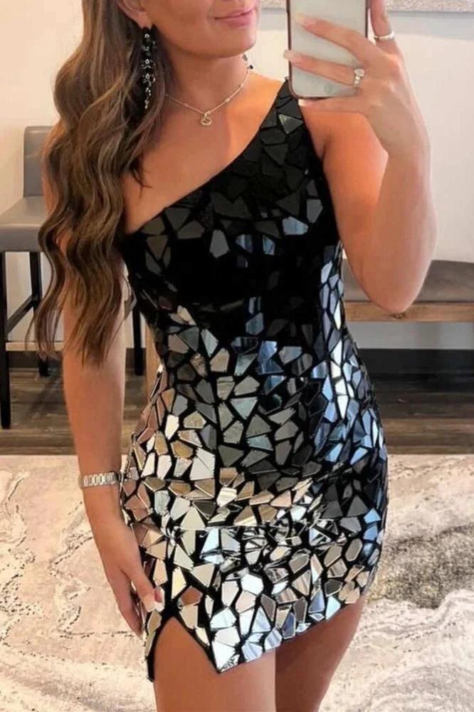 Black Gradient Cut Glass Mirror One-Shoulder Short Dress by KissProm