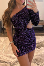Purple Sequin One-Sleeve Cutout Short Homecoming Dress by KissProm