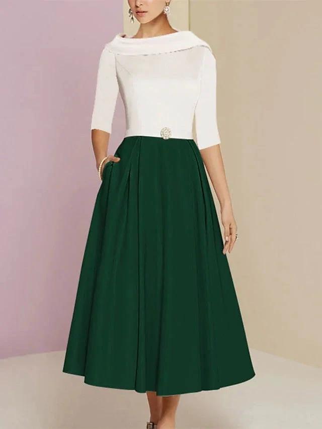 A-Line/Princess Jewel Neck Half Sleeve Tea Length Mother of the Bride Dresses with Pockets Pleats by Dreamylily