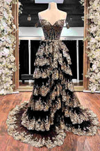 Kaira | Gold Off the Shoulder Sequin Long Prom Dress with Slit by KissProm