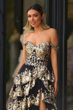 Kaira | Gold Off the Shoulder Sequin Long Prom Dress with Slit by KissProm