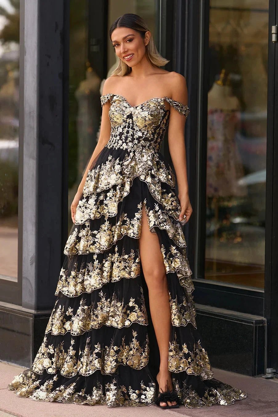 Kaira | Gold Off the Shoulder Sequin Long Prom Dress with Slit by KissProm