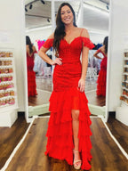 Kalel | Mermaid Cold Sleeves Red Lace Ruffle Prom Dress by KissProm