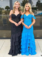 Kalel | Mermaid Cold Sleeves Red Lace Ruffle Prom Dress by KissProm
