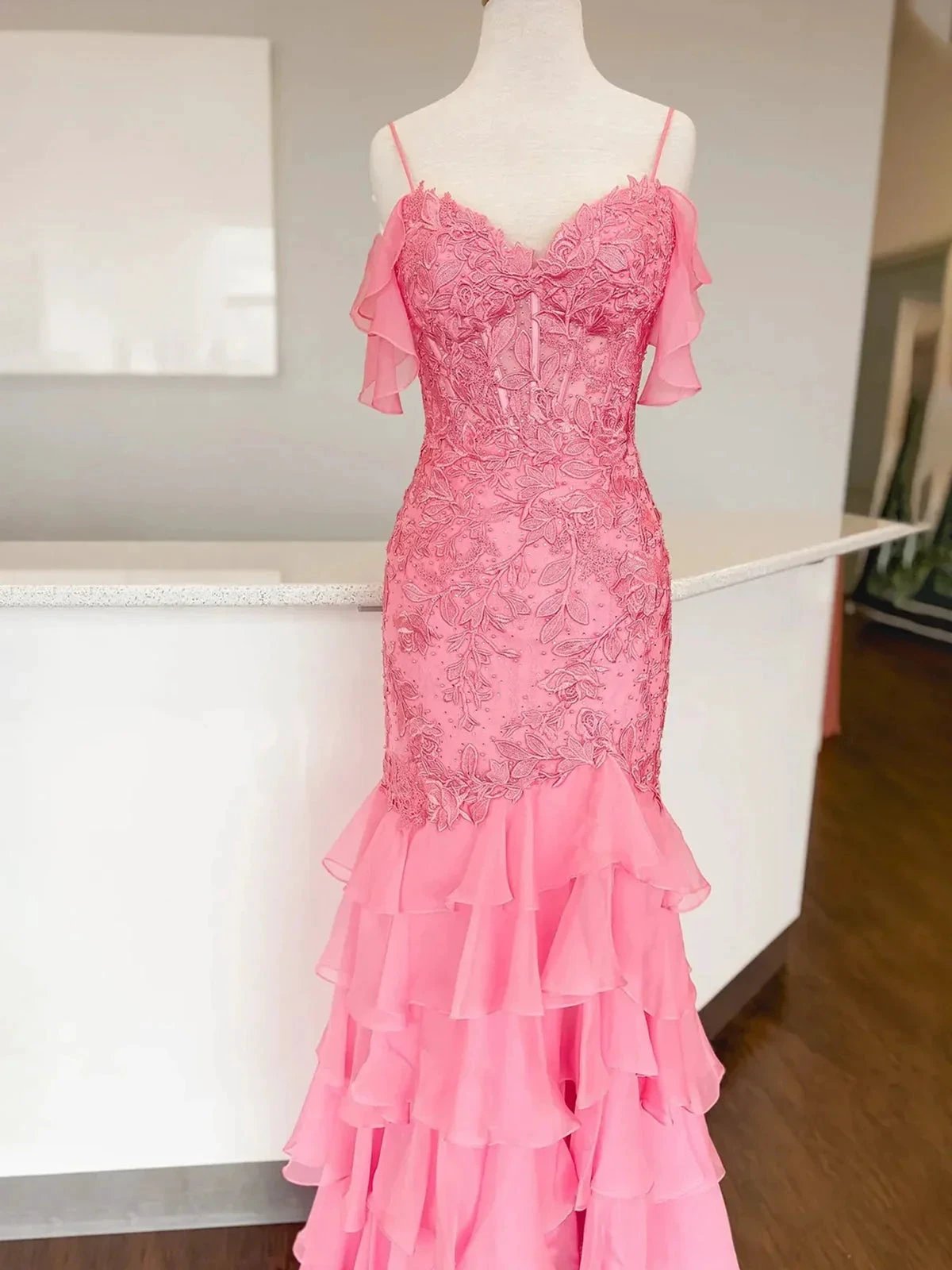 Kalel | Mermaid Cold Sleeves Red Lace Ruffle Prom Dress by KissProm