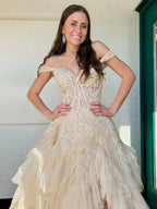 Kashi | Champagne Off the Shoulder Tulle Prom Dress With Appliques by KissProm