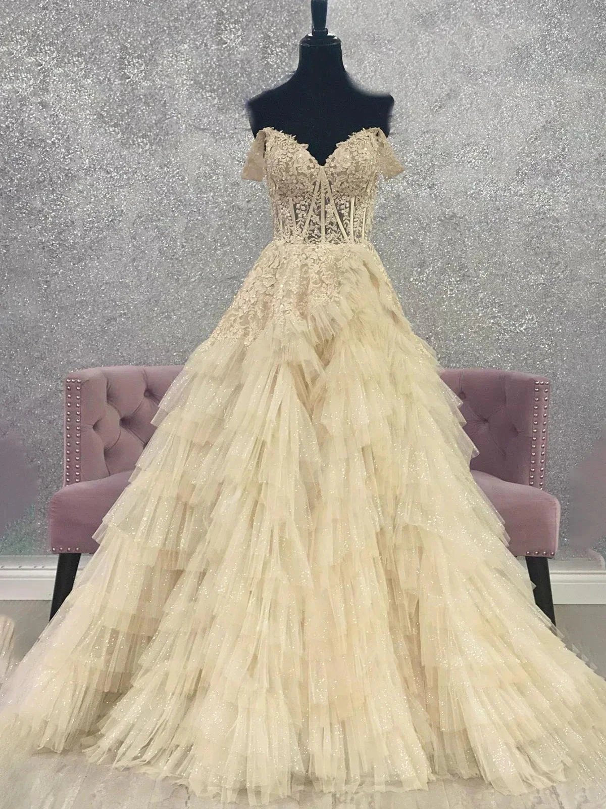 Kashi | Champagne Off the Shoulder Tulle Prom Dress With Appliques by KissProm
