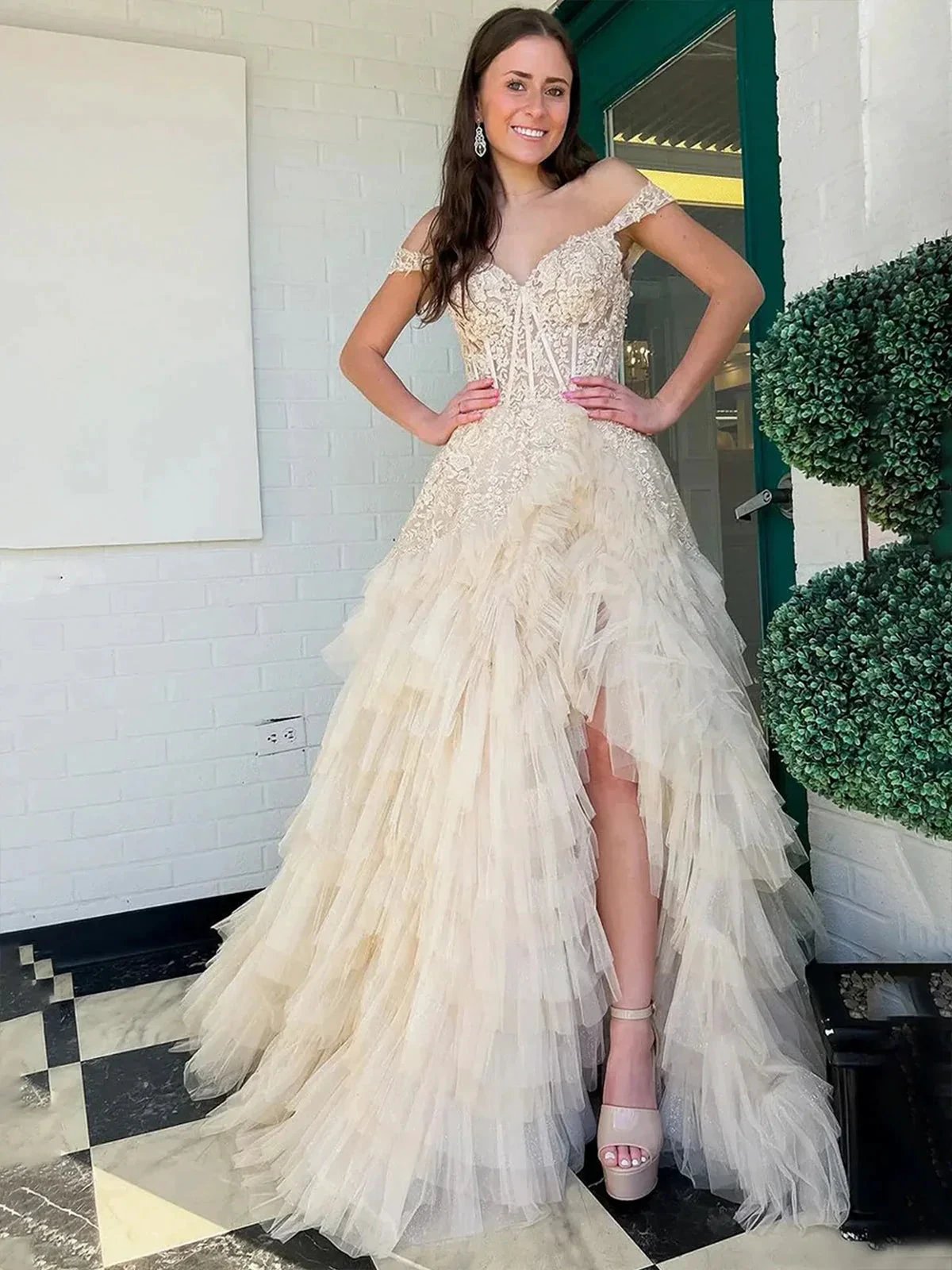 Kashi | Champagne Off the Shoulder Tulle Prom Dress With Appliques by KissProm