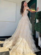 Kashi | Champagne Off the Shoulder Tulle Prom Dress With Appliques by KissProm