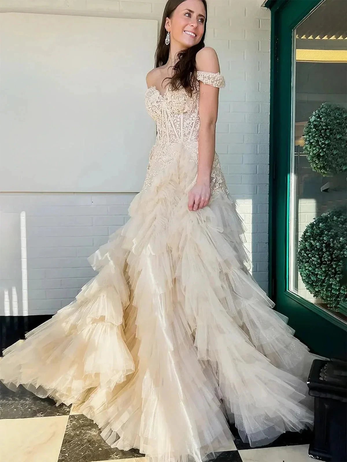 Kashi | Champagne Off the Shoulder Tulle Prom Dress With Appliques by KissProm