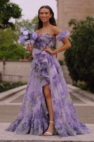 Kay | Trägerloses A-Linien-Ballkleid mit Blumenmuster und abnehmbaren Ärmeln
