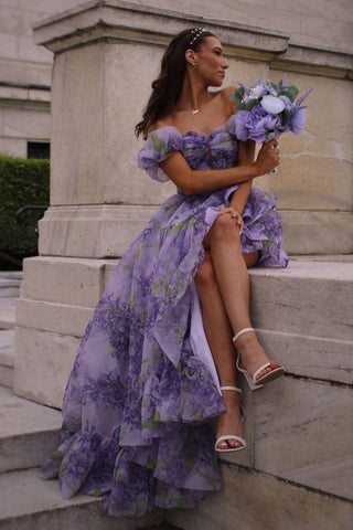 Kay | Trägerloses A-Linien-Ballkleid mit Blumenmuster und abnehmbaren Ärmeln