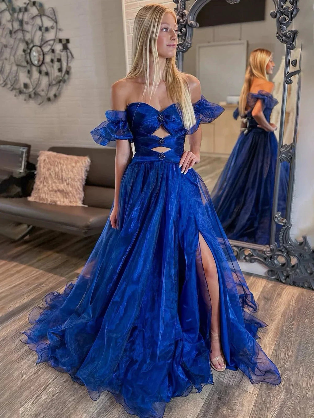 Keilani | Royal Blue Strapless Keyhole Balloon Sleeves Long Prom Dress by KissProm