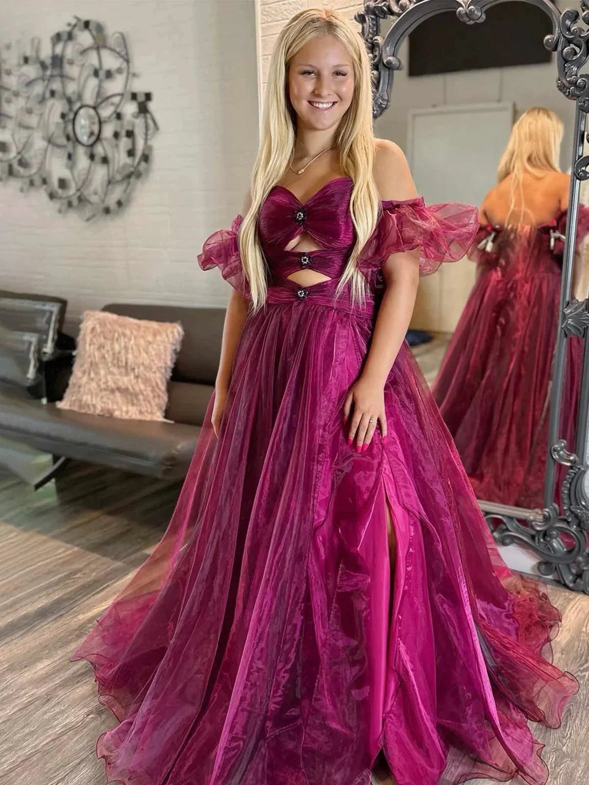 Keilani | Royal Blue Strapless Keyhole Balloon Sleeves Long Prom Dress by KissProm