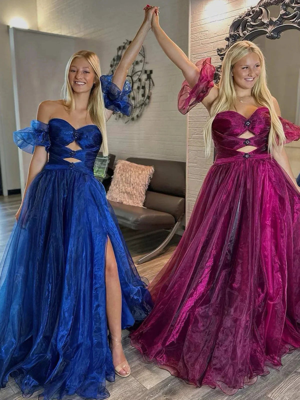 Keilani | Royal Blue Strapless Keyhole Balloon Sleeves Long Prom Dress by KissProm