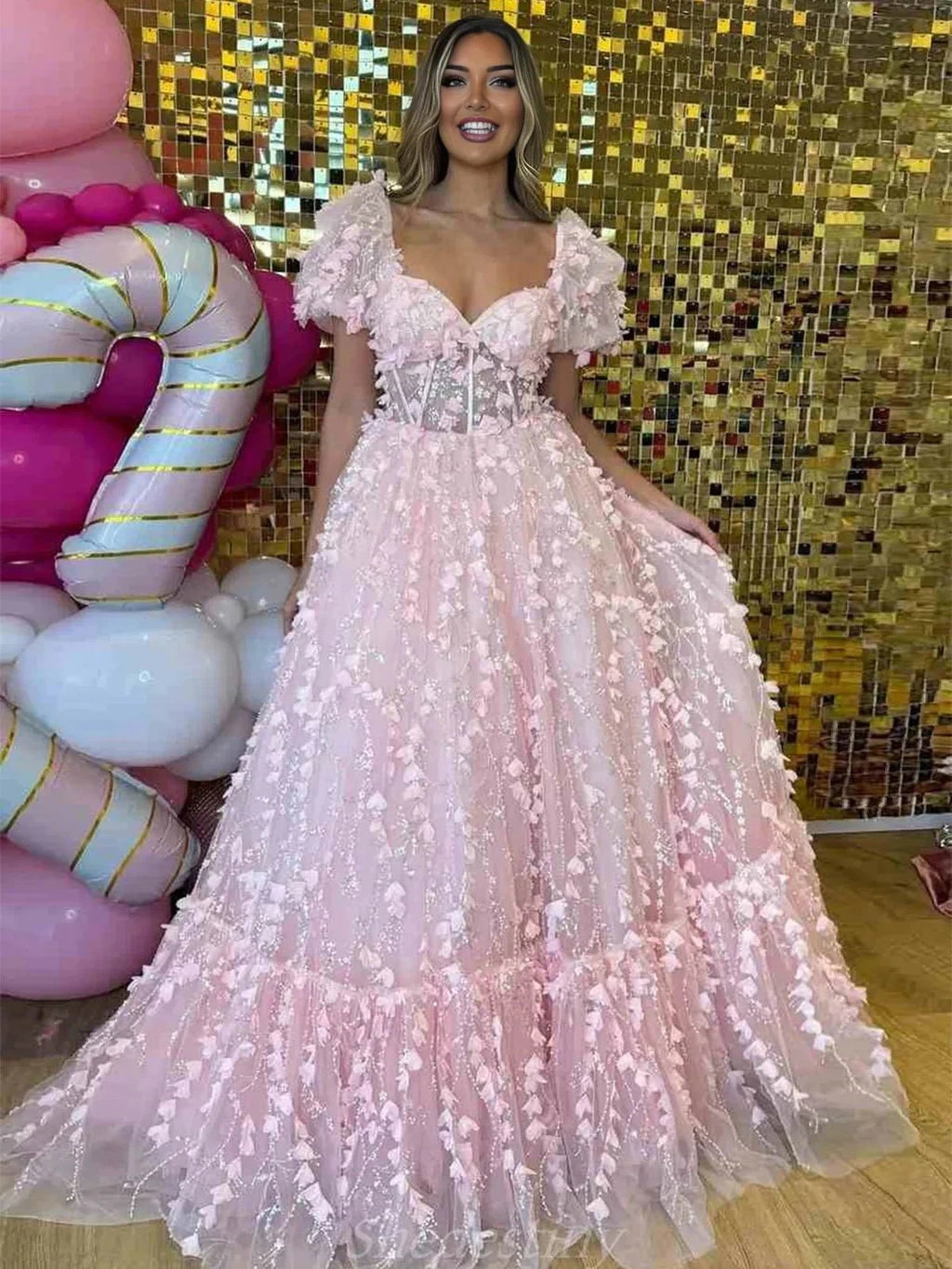 Keisha | Princess Pink Sweetheart Puffy Sleeeves Prom Dress with 3D Flower by KissProm