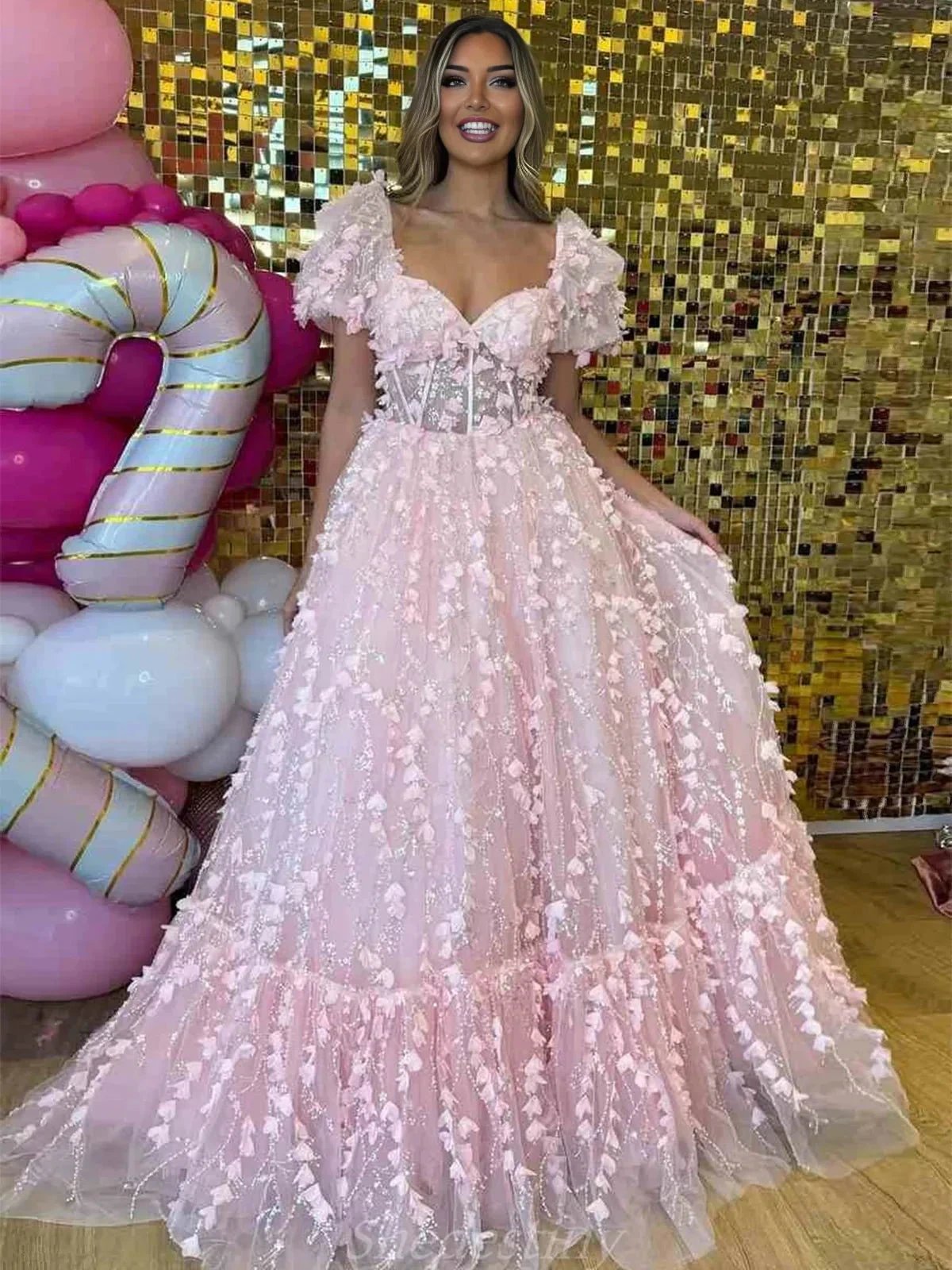 Keisha | Princess Pink Sweetheart Puffy Sleeeves Prom Dress with 3D Flower by KissProm