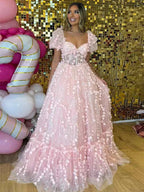 Keisha | Princess Pink Sweetheart Puffy Sleeeves Prom Dress with 3D Flower by KissProm