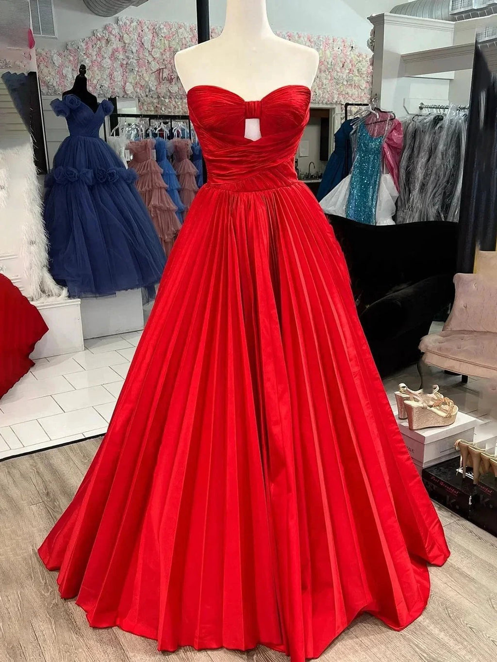 Kenji | Red Satin Strapless Keyhole Ball Gown by KissProm