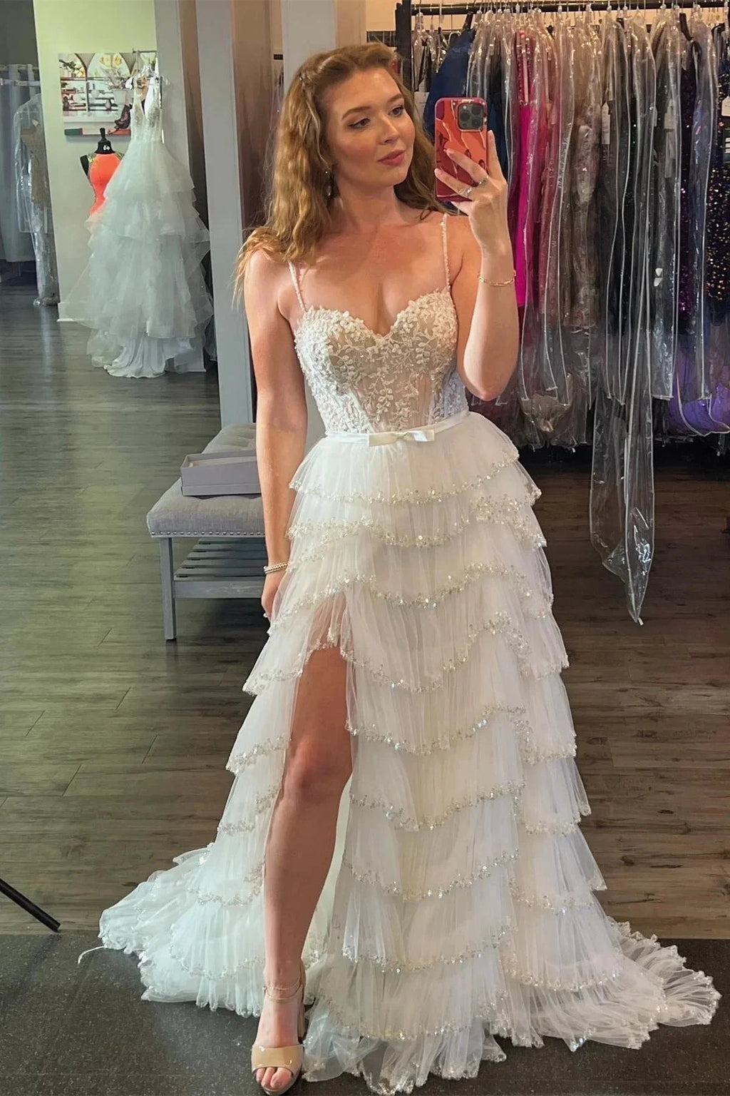 Rebekah | White Straps Floral Sequined Multi-Layers Long Prom Dress with Slit by KissProm