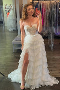 Rebekah | White Straps Floral Sequined Multi-Layers Long Prom Dress with Slit by KissProm