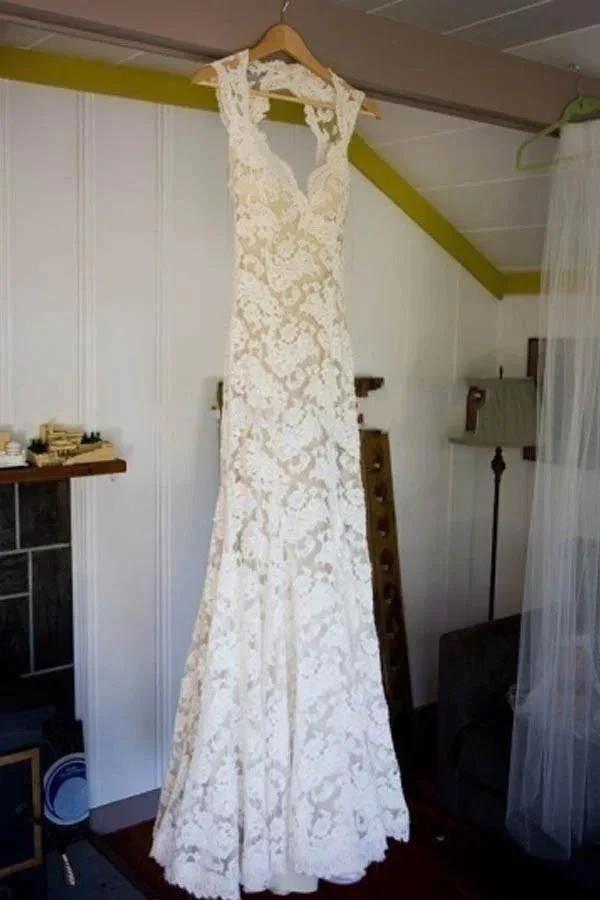 Keyhole Back Floor-Length Sheath Lace Wedding Dress WD095 by pgmdress