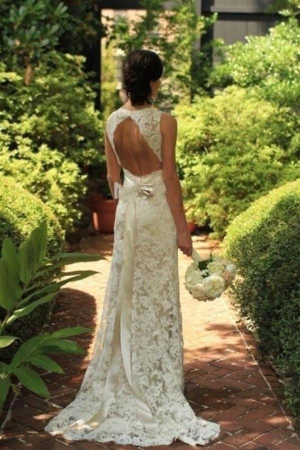 Keyhole Back Floor-Length Sheath Lace Wedding Dress WD095 by pgmdress