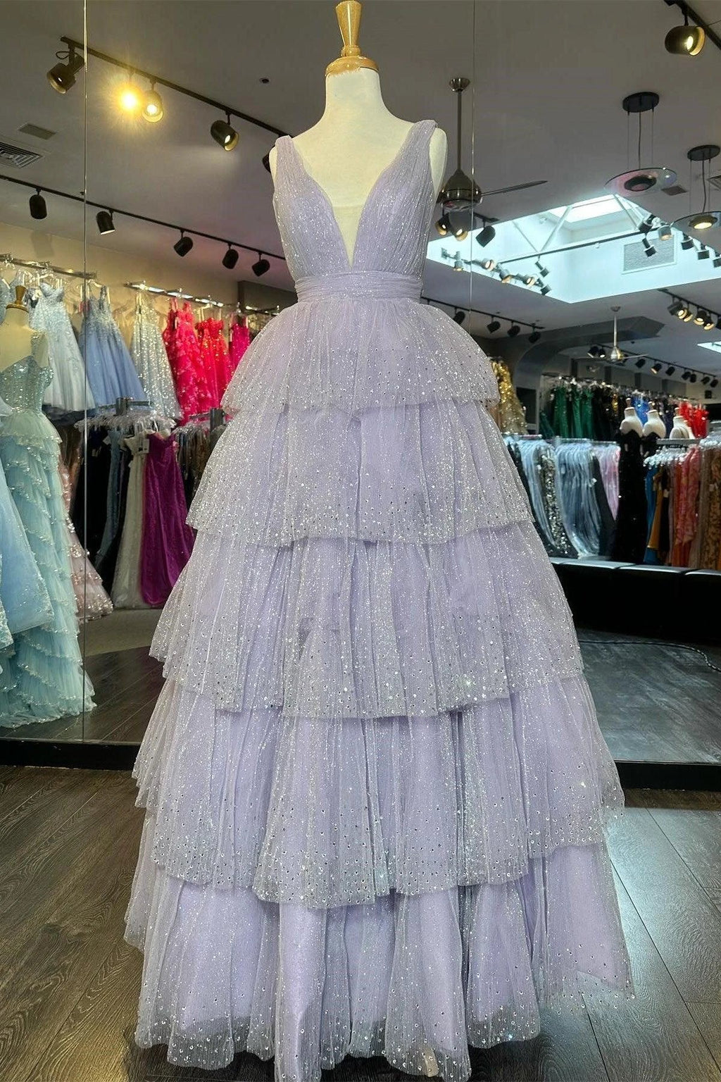 Khloe | Lavender Tulle Sequin V-Neck Ruffle Tiered Long Prom Dress by KissProm