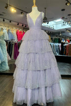 Khloe | Lavender Tulle Sequin V-Neck Ruffle Tiered Long Prom Dress by KissProm