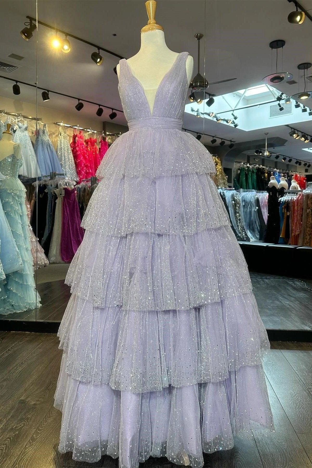 Khloe | Lavender Tulle Sequin V-Neck Ruffle Tiered Long Prom Dress by KissProm