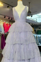 Khloe | Lavender Tulle Sequin V-Neck Ruffle Tiered Long Prom Dress by KissProm