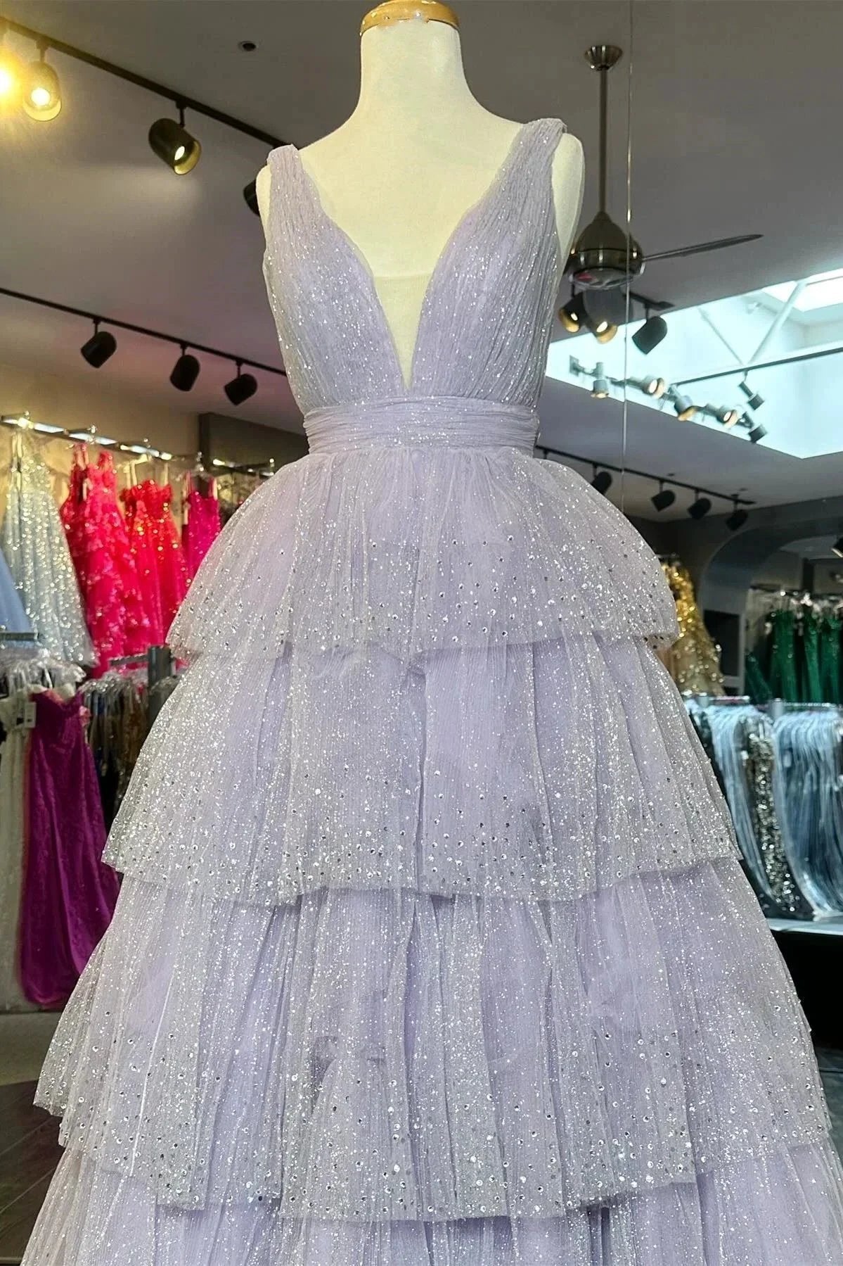 Khloe | Lavender Tulle Sequin V-Neck Ruffle Tiered Long Prom Dress by KissProm