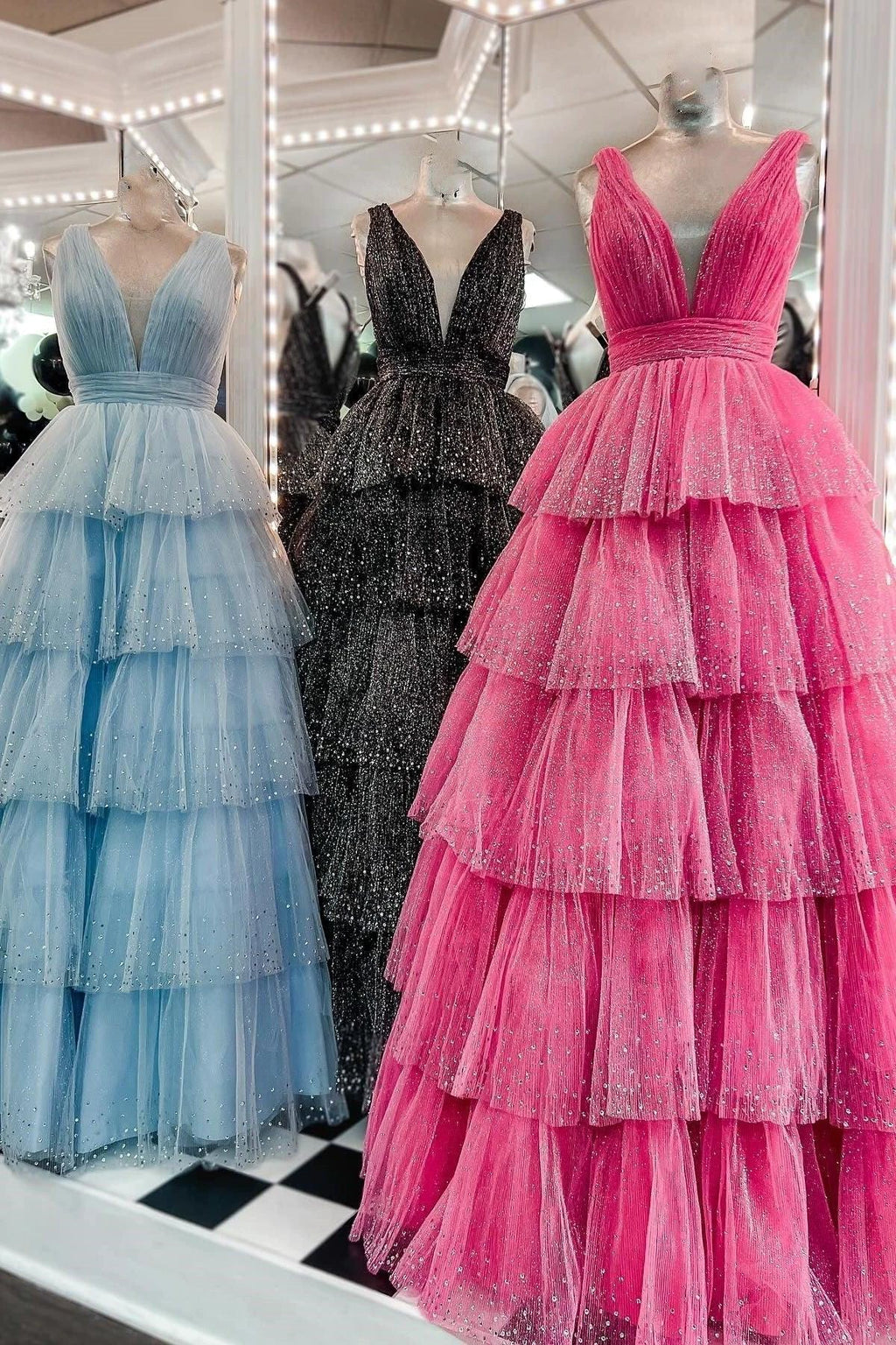 Khloe | Lavender Tulle Sequin V-Neck Ruffle Tiered Long Prom Dress by KissProm