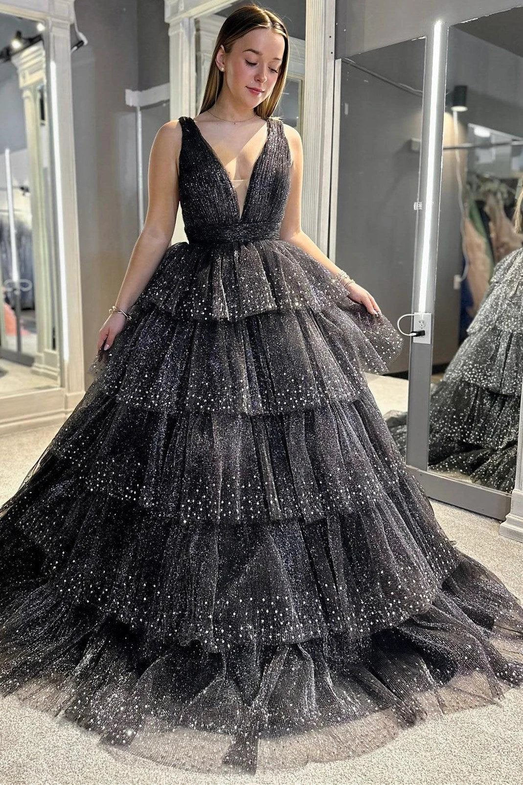 Khloe | Lavender Tulle Sequin V-Neck Ruffle Tiered Long Prom Dress by KissProm