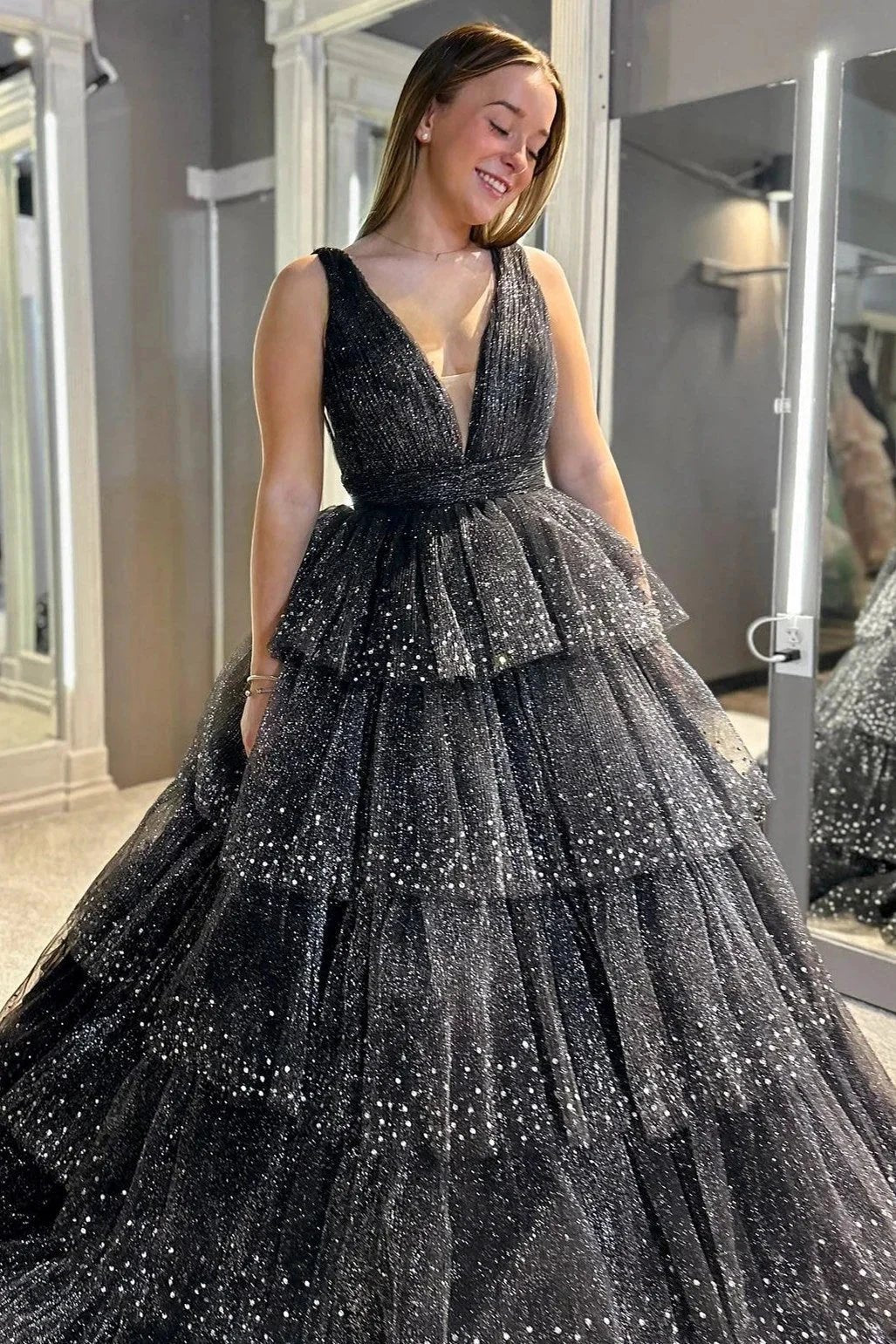 Khloe | Lavender Tulle Sequin V-Neck Ruffle Tiered Long Prom Dress by KissProm