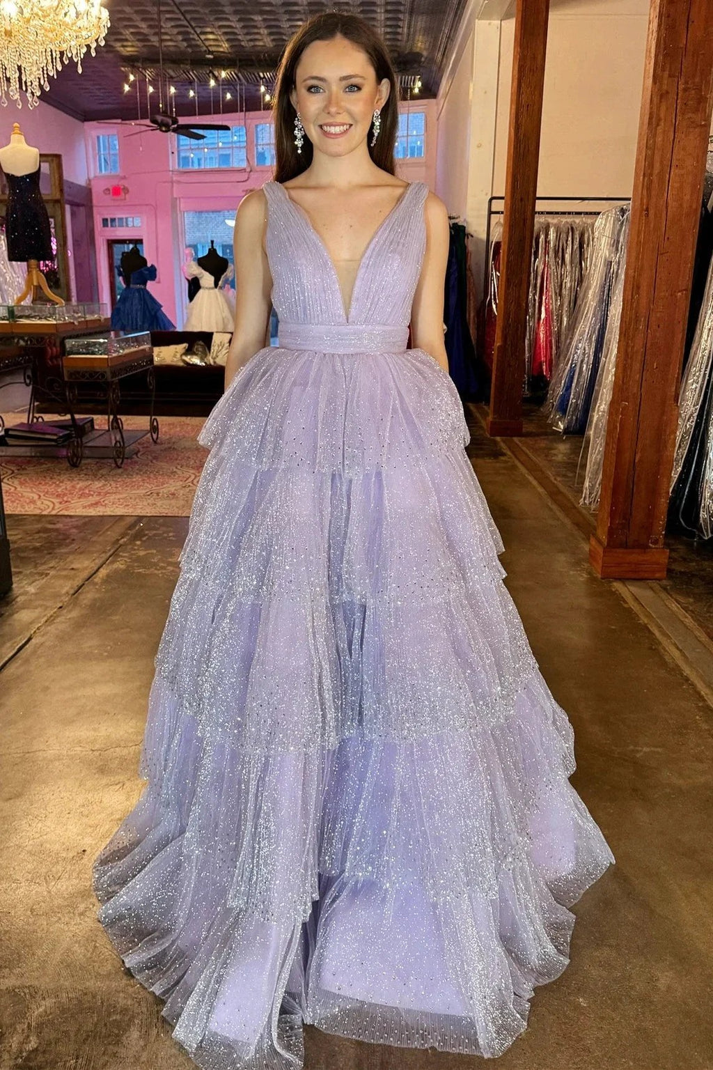 Khloe | Lavender Tulle Sequin V-Neck Ruffle Tiered Long Prom Dress by KissProm