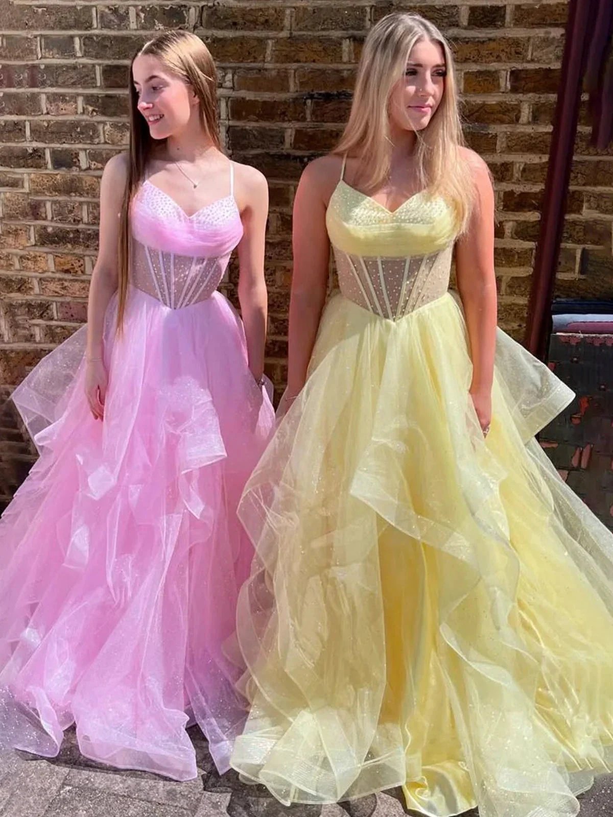 Killian | Spaghetti Straps A-Line V-Neck Ruffles Tulle Long Prom Dress by KissProm