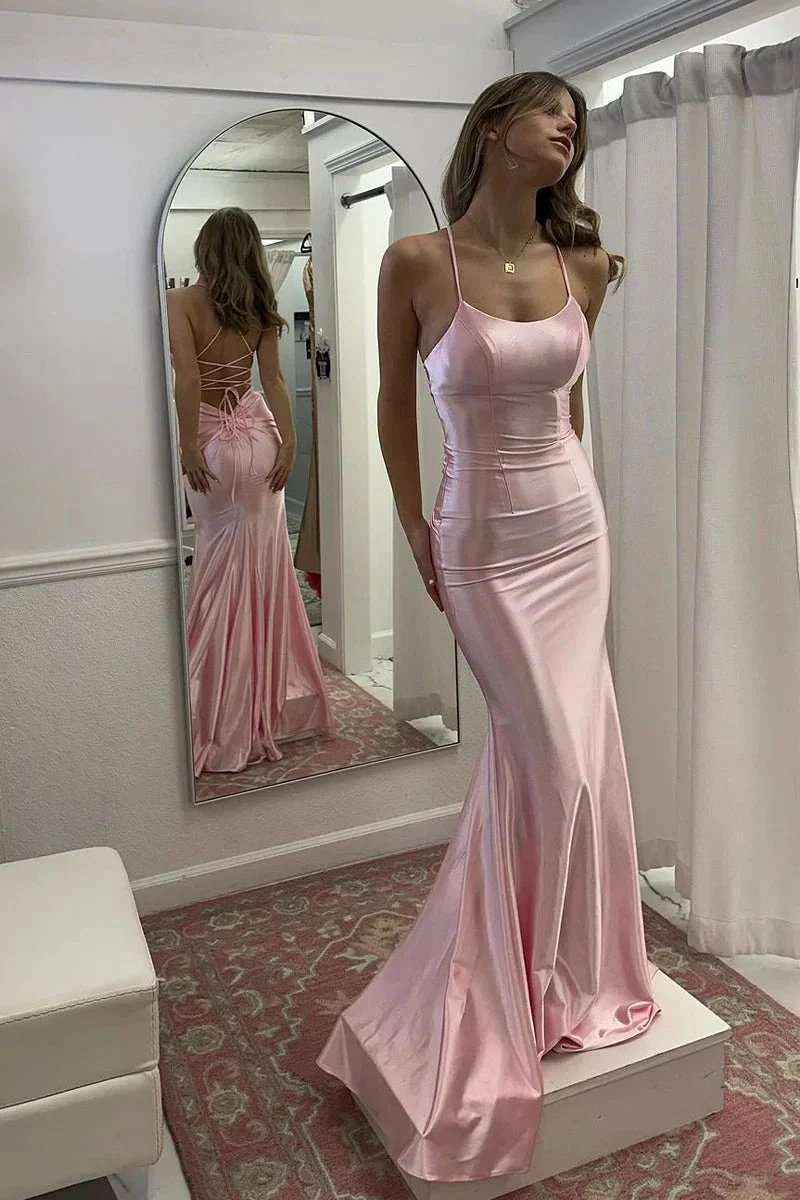 Kimia | Cute Mermaid Scoop Neck Pink Satin Long Prom Dress by KissProm