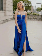 Kimia | A-Line Straps Royal Blue Pleated Chiffon Long Formal Dress with Bow Back by KissProm