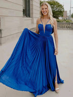 Kimia | A-Line Straps Royal Blue Pleated Chiffon Long Formal Dress with Bow Back by KissProm