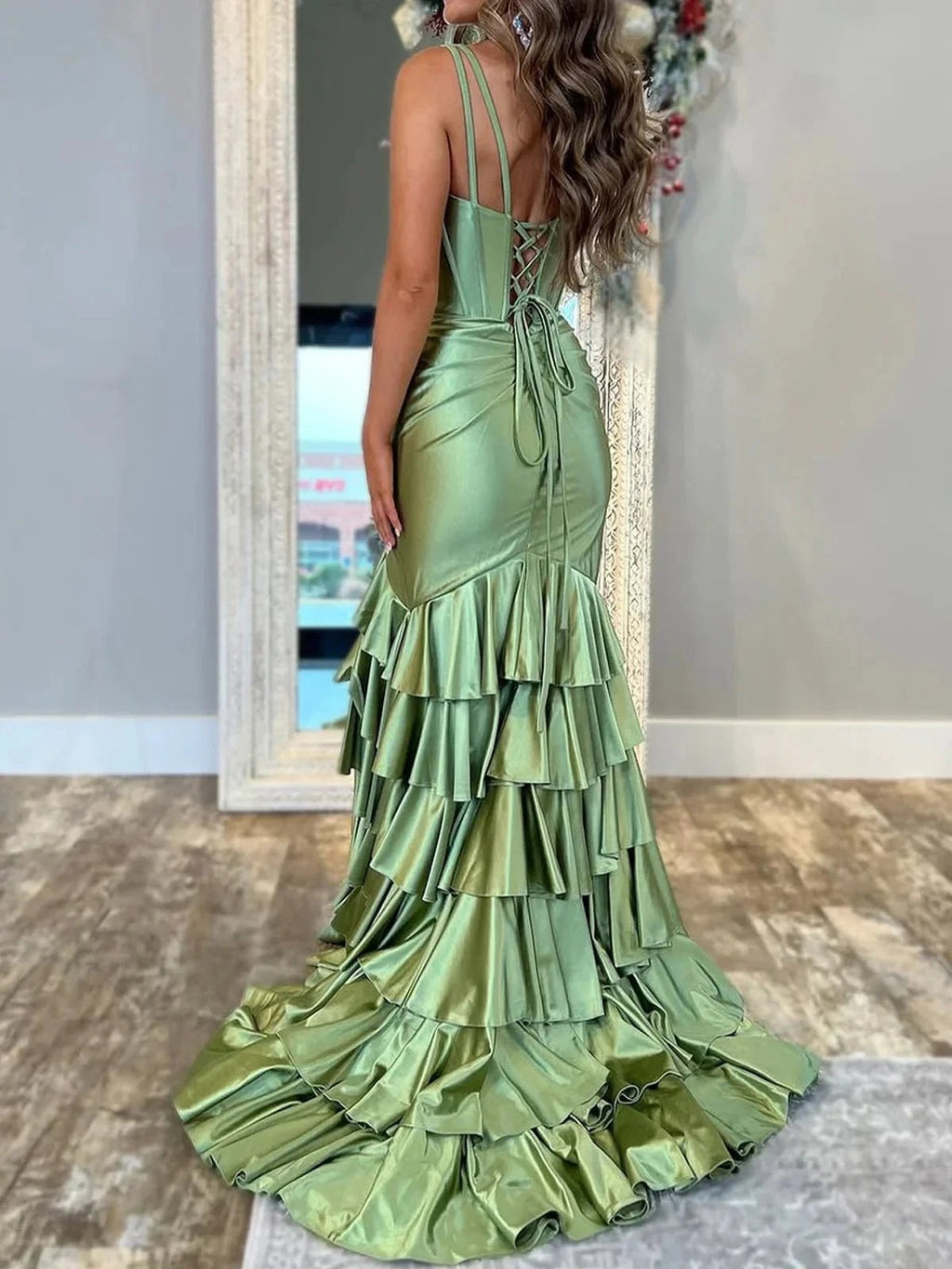 Kiran | Mermaid Sage V Neck Satin Long Prom Dress With Ruffle Skirt by KissProm