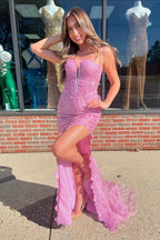 Kirsti | Pink V Neck Lace Mermaid Prom Dresses With Split by KissProm