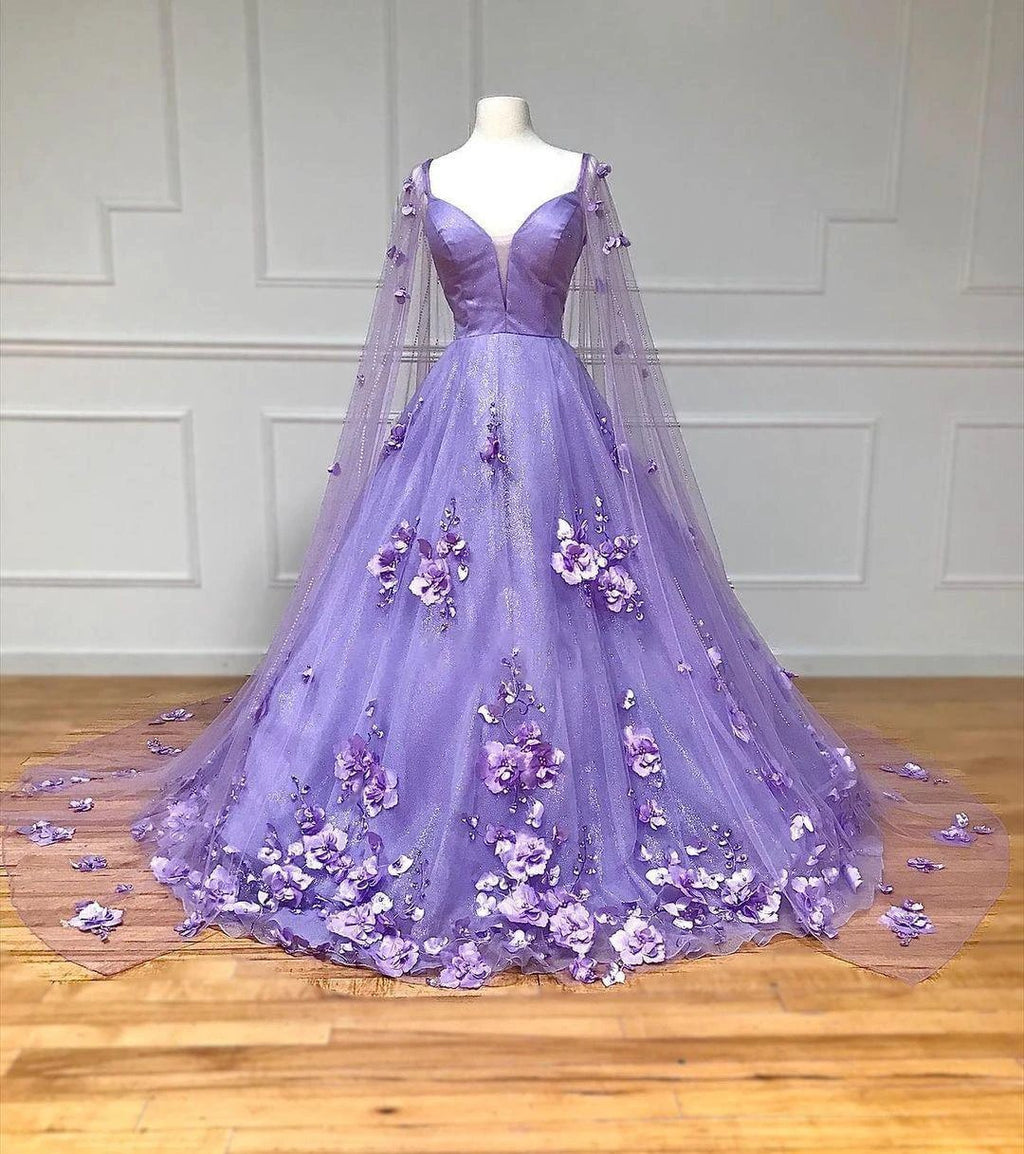 Lavender 3D Floral Lace A-Line Prom Dress with Cape Sleeves by KissProm