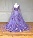 Lavender 3D Floral Lace A-Line Prom Dress with Cape Sleeves by KissProm