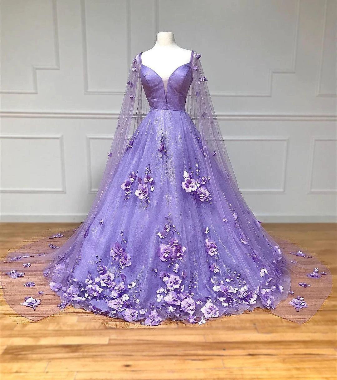 Lavender 3D Floral Lace A-Line Prom Dress with Cape Sleeves by KissProm