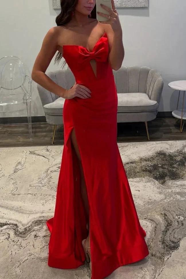 Konrad | Mermaid V-Neck Bow Satin Pleated Slit Long Prom Dresses by KissProm