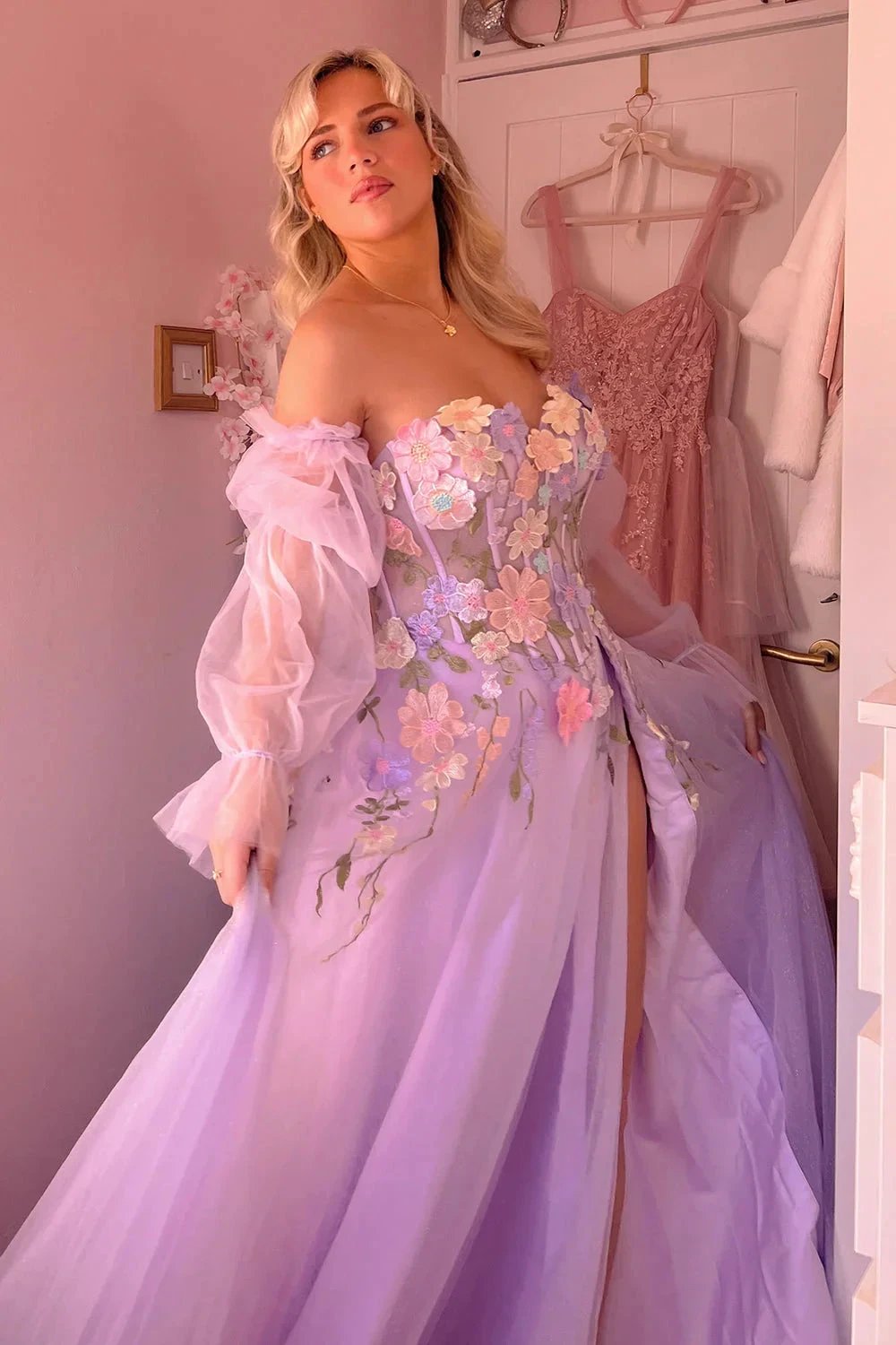 Kylena | Lavender A-Line Strapless Tulle Prom Dress with 3D Flowers by KissProm