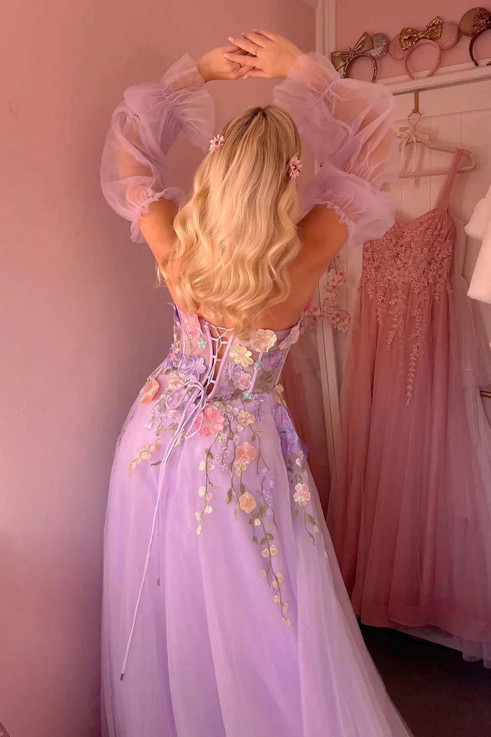 Kylena | Lavender A-Line Strapless Tulle Prom Dress with 3D Flowers by KissProm